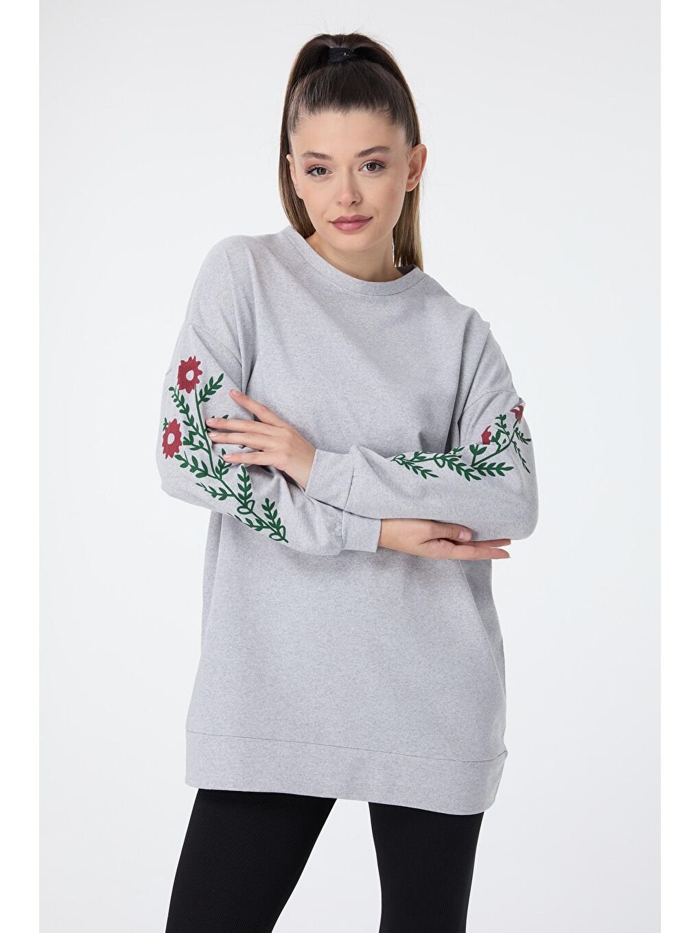 Bisiklet Yaka Kadın Gri Sweat - 13060