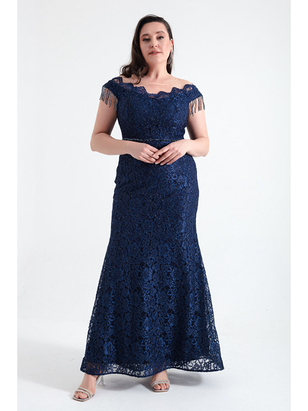 Kadın Lacivert Dantelli Kolları Boncluklu Büyük Beden Abiye Elbise