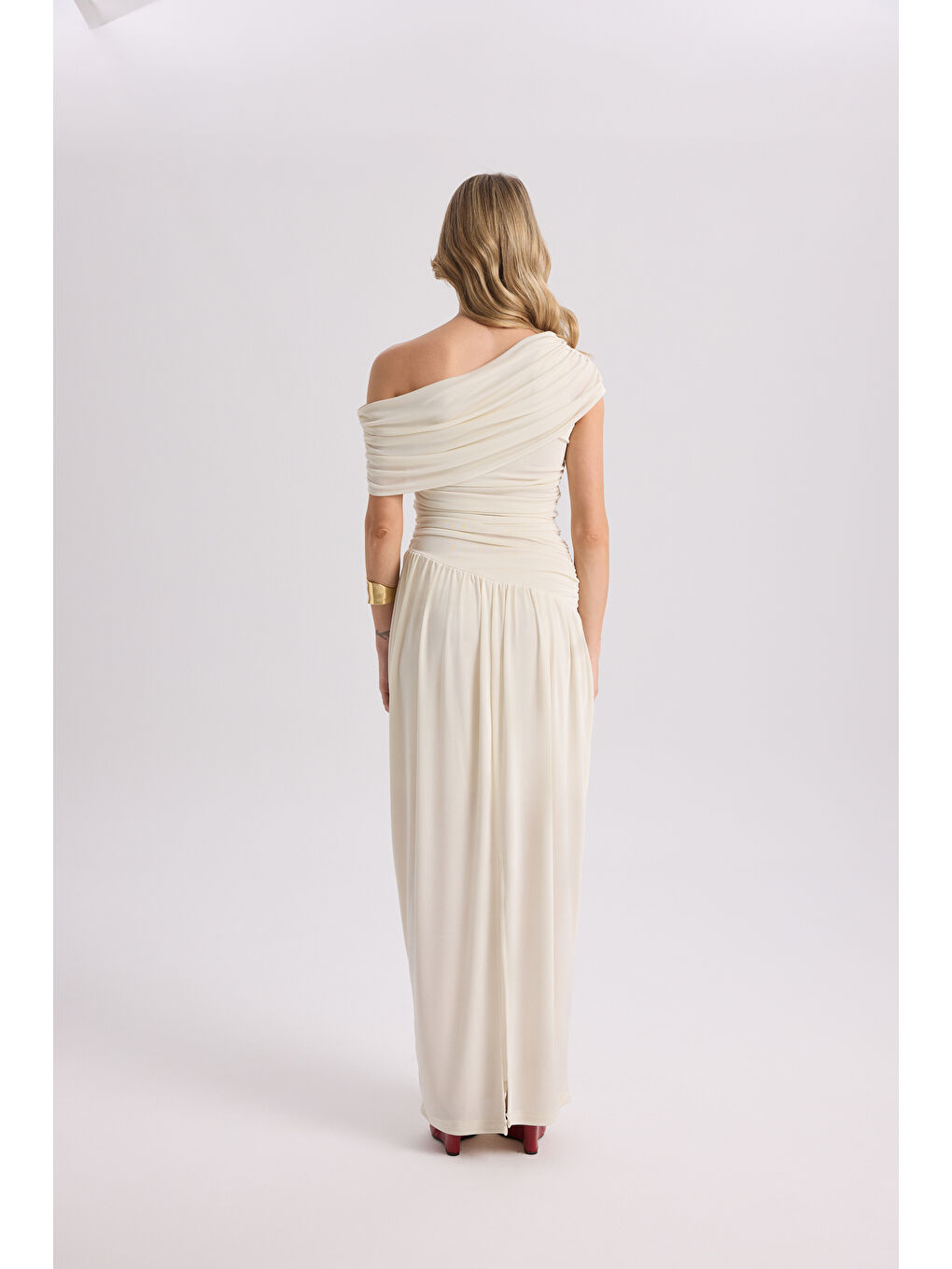 Liraya Asimetrik Ekru Uzun Elbise-4