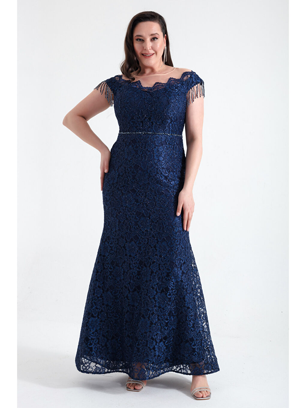 Kadın Lacivert Dantelli Kolları Boncluklu Büyük Beden Abiye Elbise-1