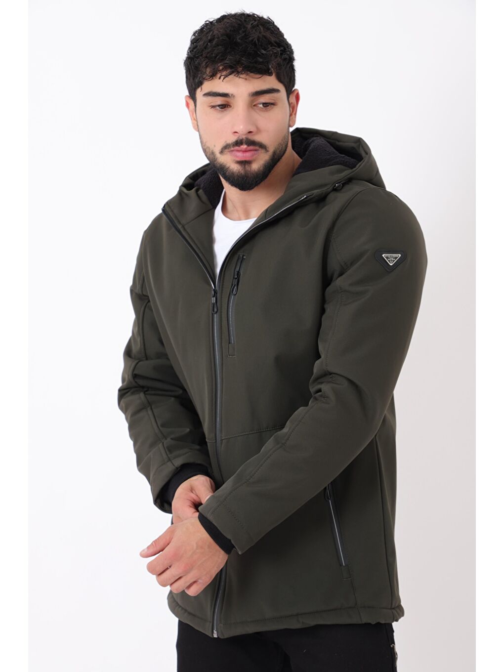 Haki Uzay Kapüşonlu İçi Kürklü Softshell Kışlık Mont PLDP 3010_50454-1