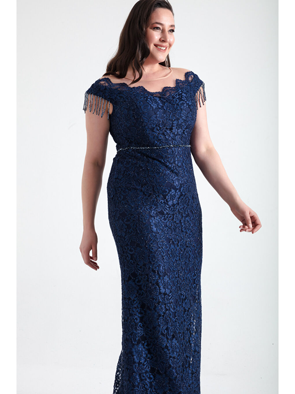 Kadın Lacivert Dantelli Kolları Boncluklu Büyük Beden Abiye Elbise-2