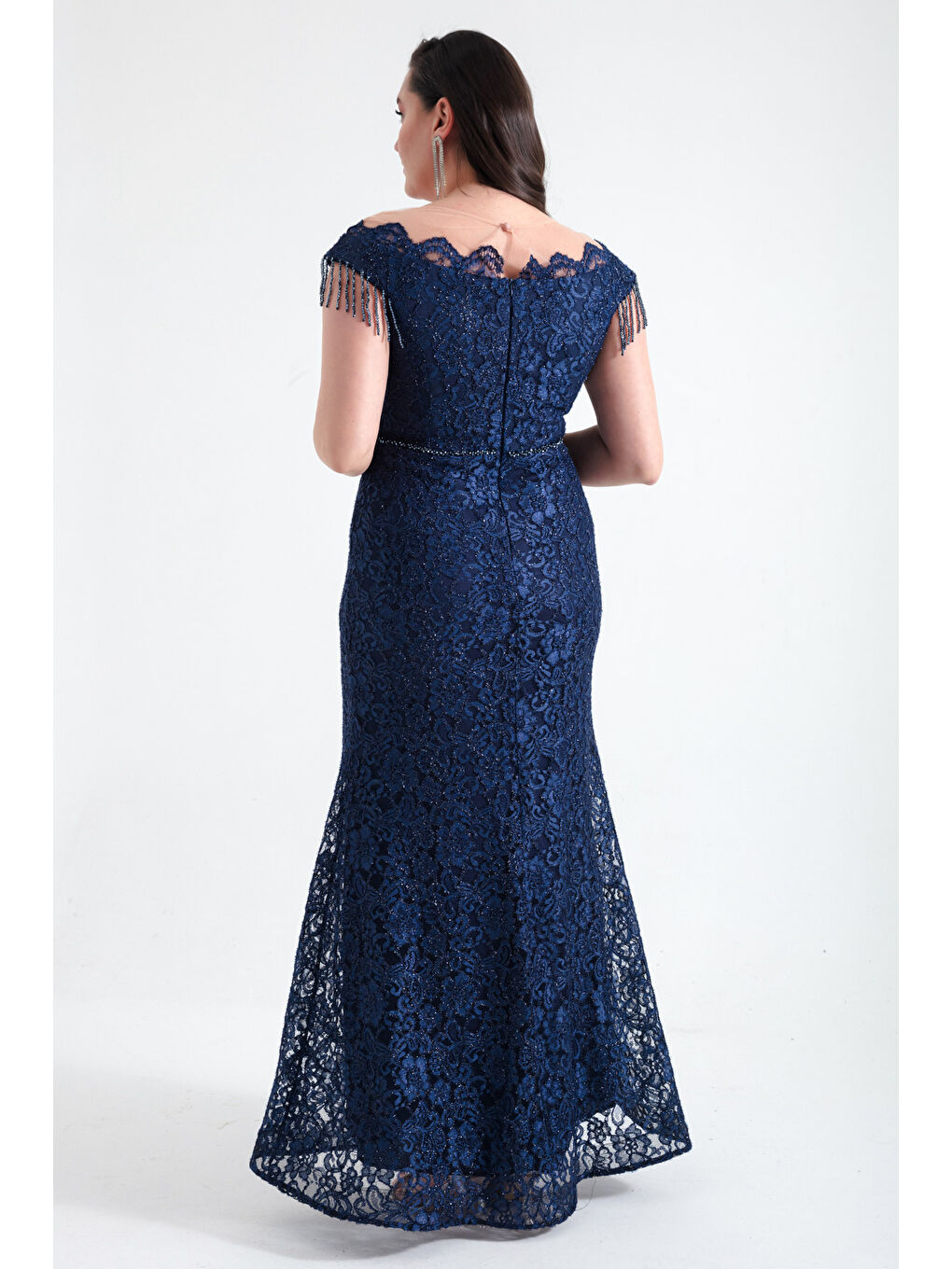 Kadın Lacivert Dantelli Kolları Boncluklu Büyük Beden Abiye Elbise-4