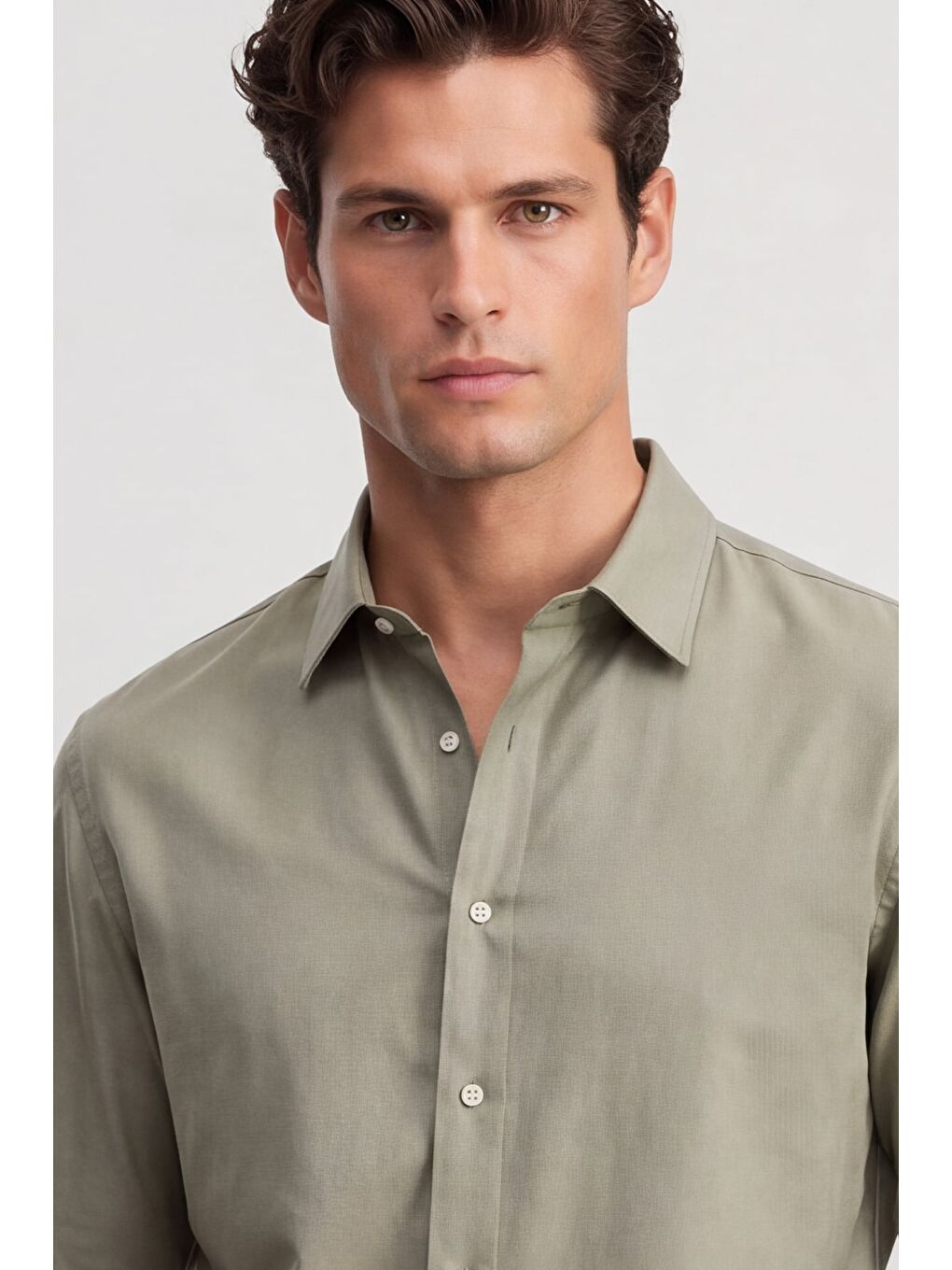 Erkek Haki Normal Kesim Regular Fit %100 Pamuk Gabardin Uzun Kollu Klasik Yaka Gömlek-4