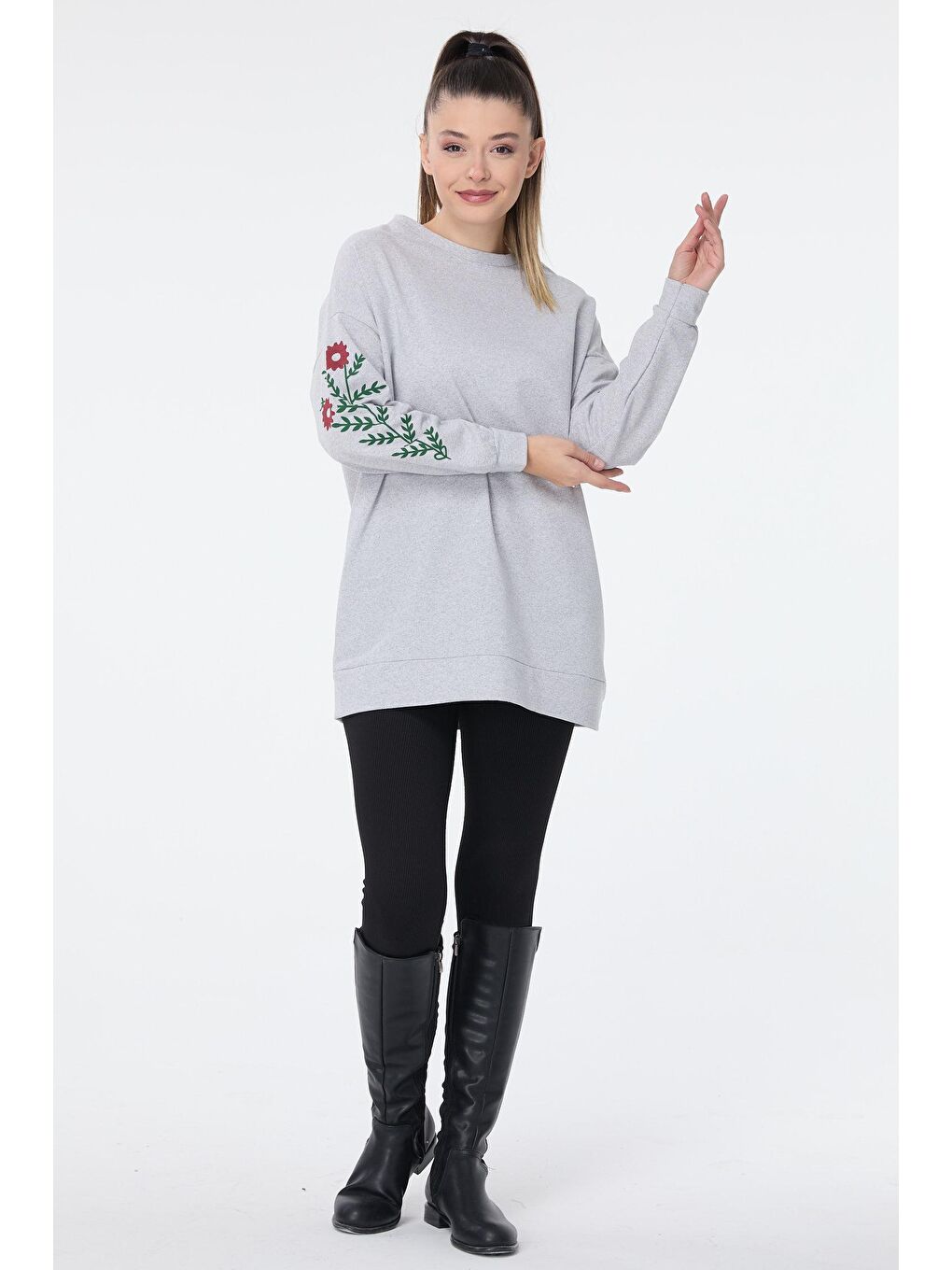 Bisiklet Yaka Kadın Gri Sweat - 13060-1