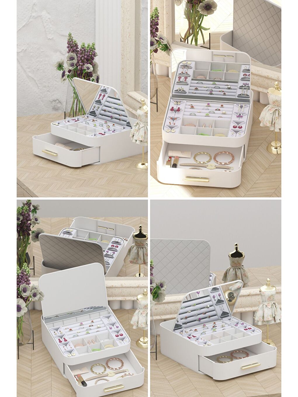 House By House Çekmeceli Aynalı Çok Bölmeli Makyaj Takı Organizer Krem UR-3438-3