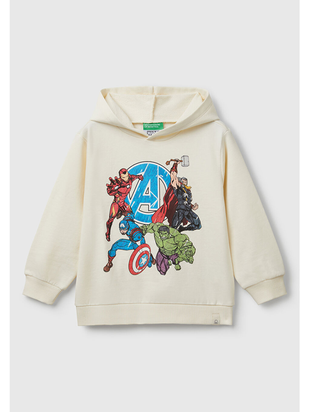 Erkek Çocuk Ekru Marvel Kahraman Baskılı Etiket Logolu Kapüşonlu Sweatshirt