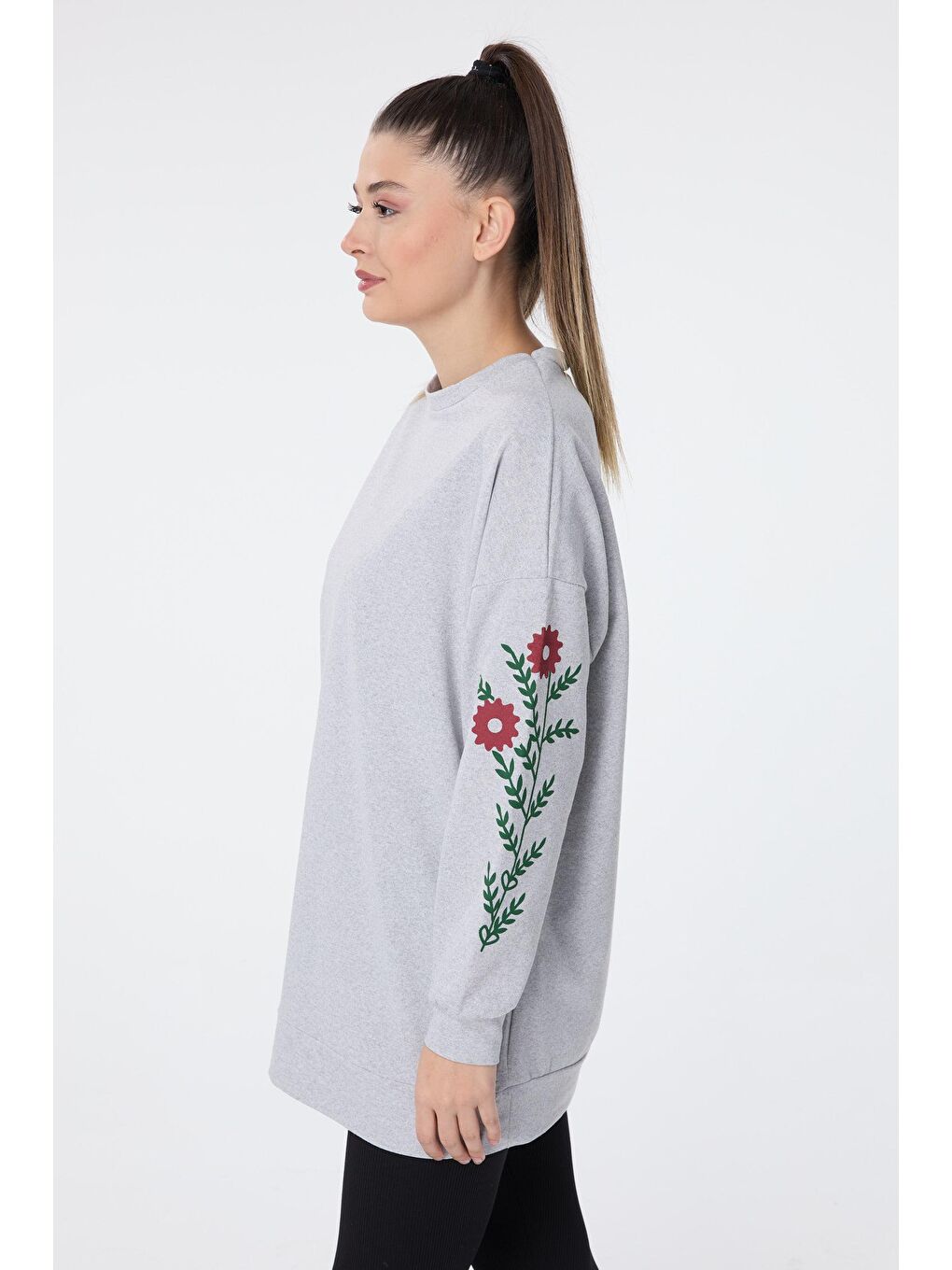 Bisiklet Yaka Kadın Gri Sweat - 13060-2