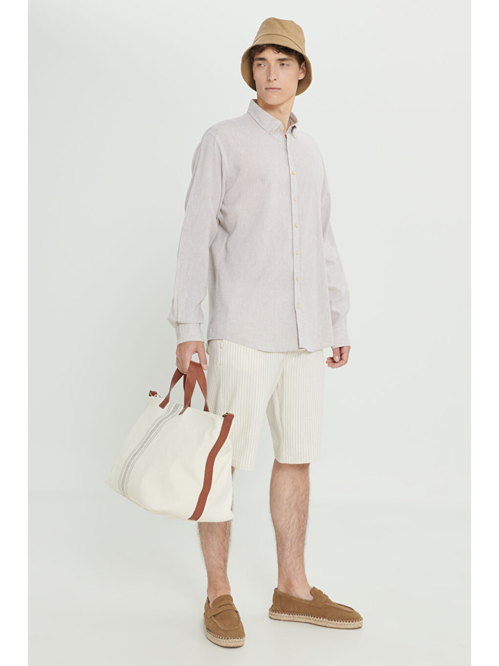 Erkek Bej Comfort Fit Rahat Kesim Düğmeli Yaka Keten Gömlek-4