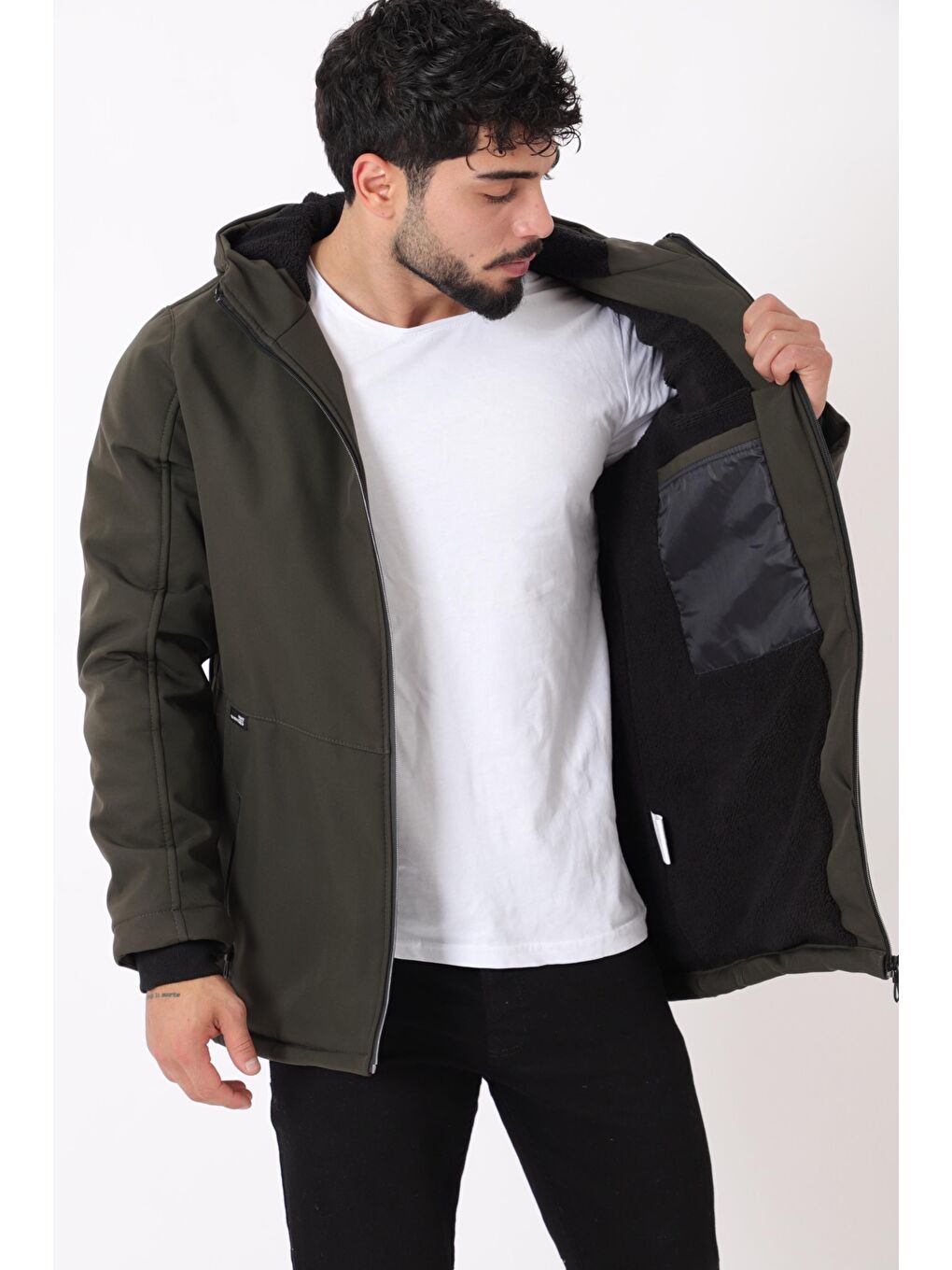 Haki Uzay Kapüşonlu İçi Kürklü Softshell Kışlık Mont PLDP 3010_50454-3