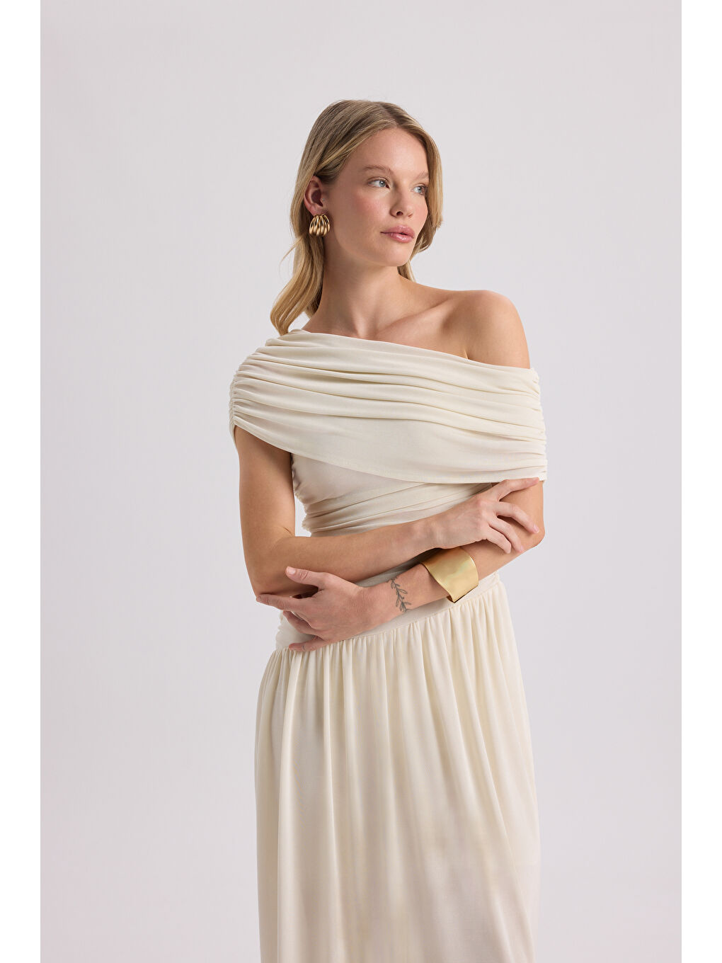 Liraya Asimetrik Ekru Uzun Elbise-6