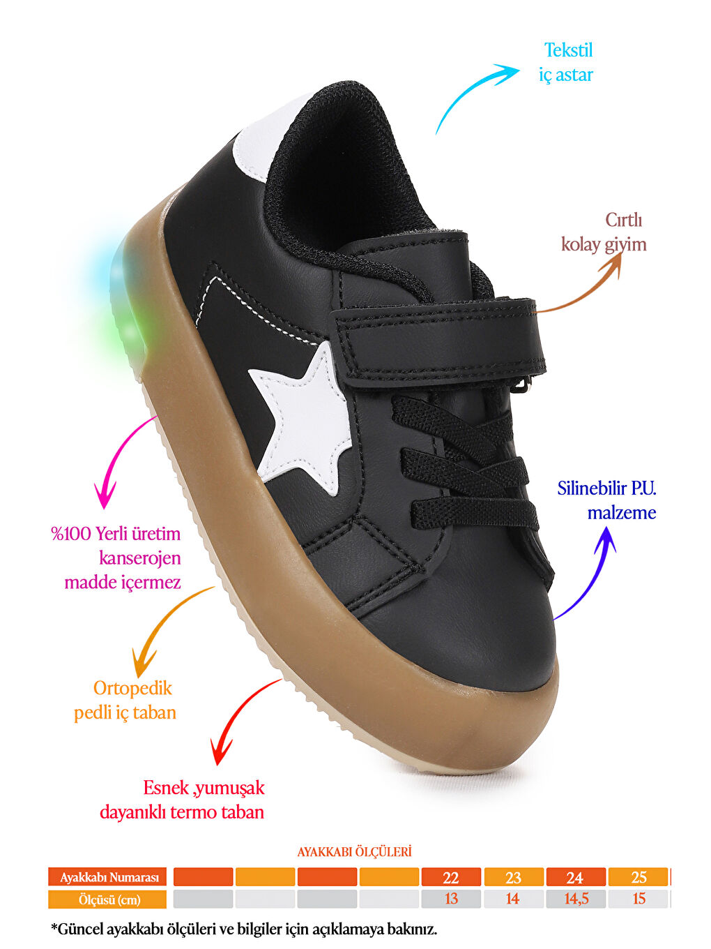 Siyah Rena Günlük Cırtlı Işıklı Erkek Bebek Spor Ayakkabı-1