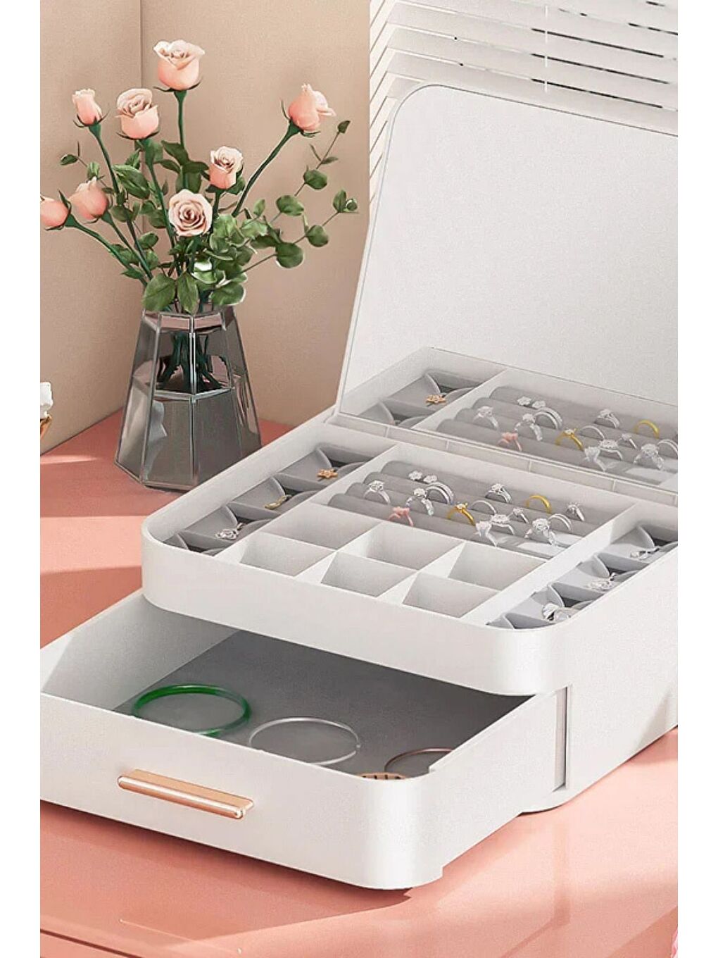 House By House Çekmeceli Aynalı Çok Bölmeli Makyaj Takı Organizer Krem UR-3438-4