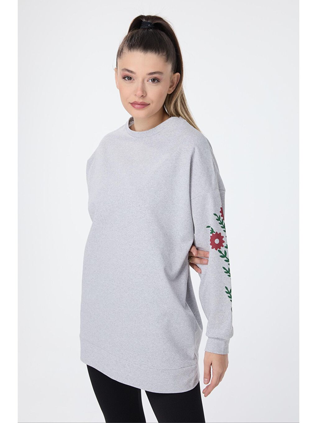 Bisiklet Yaka Kadın Gri Sweat - 13060-3