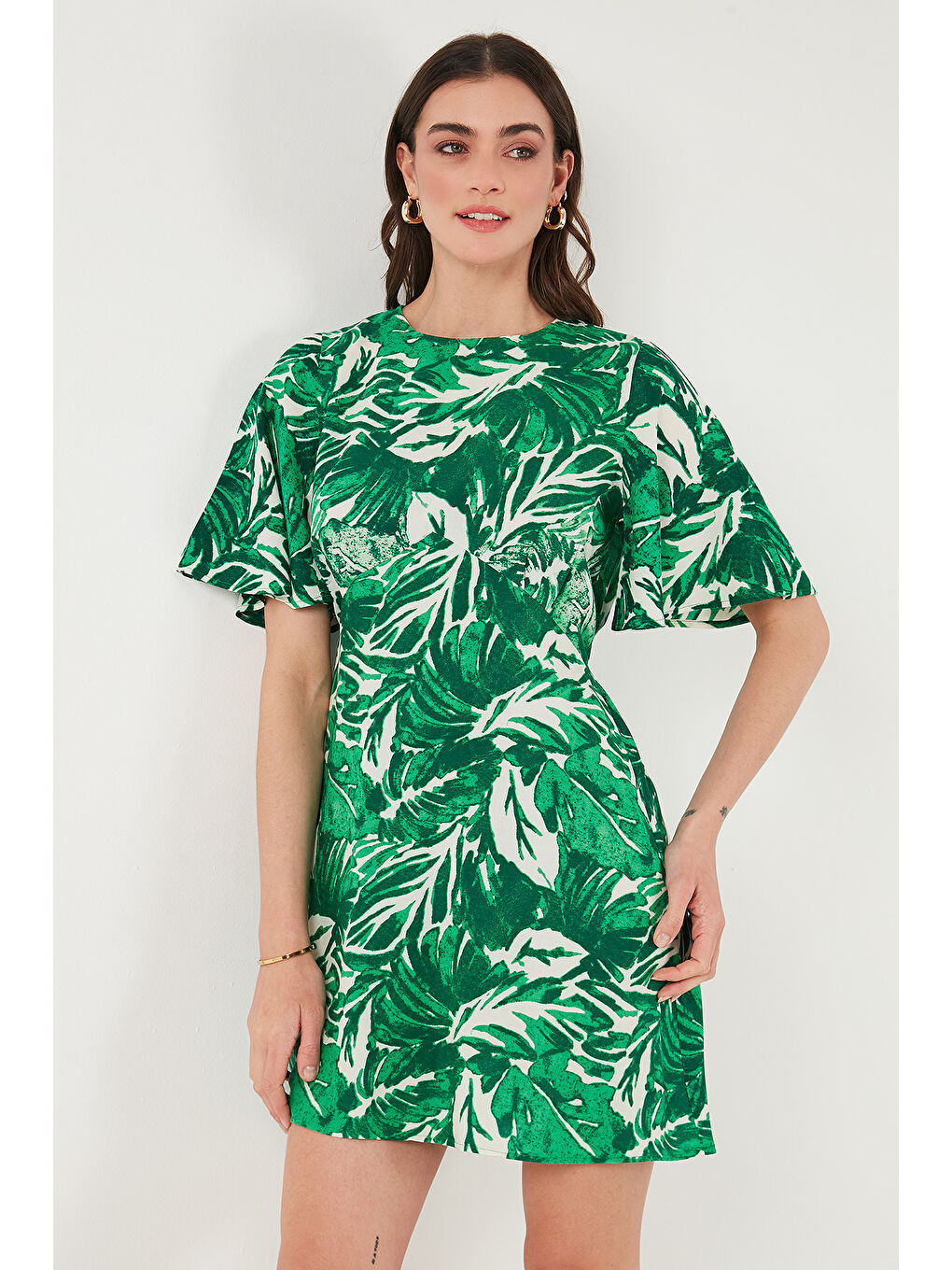 Yeşil Desenli Regular Fit Bisiklet Yaka Mini Boy Kadın Elbise 6789814-3