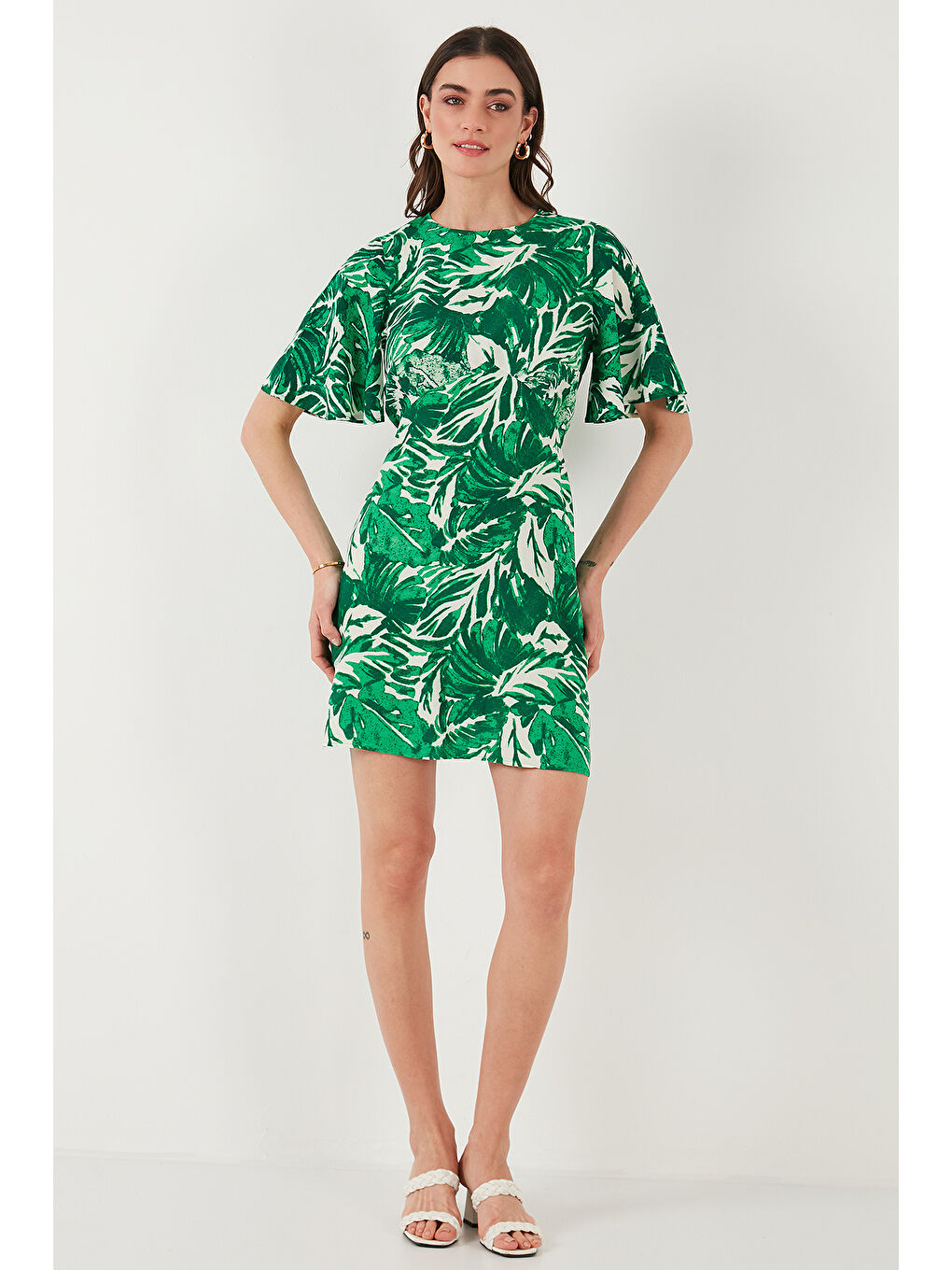 Yeşil Desenli Regular Fit Bisiklet Yaka Mini Boy Kadın Elbise 6789814-4