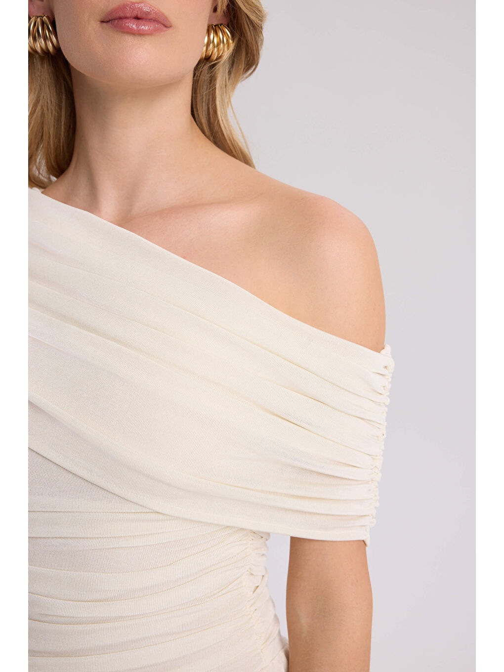 Liraya Asimetrik Ekru Uzun Elbise-7