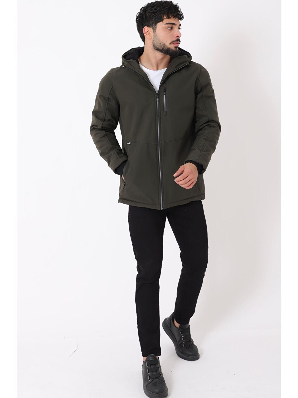 Haki Uzay Kapüşonlu İçi Kürklü Softshell Kışlık Mont PLDP 3010_50454-4