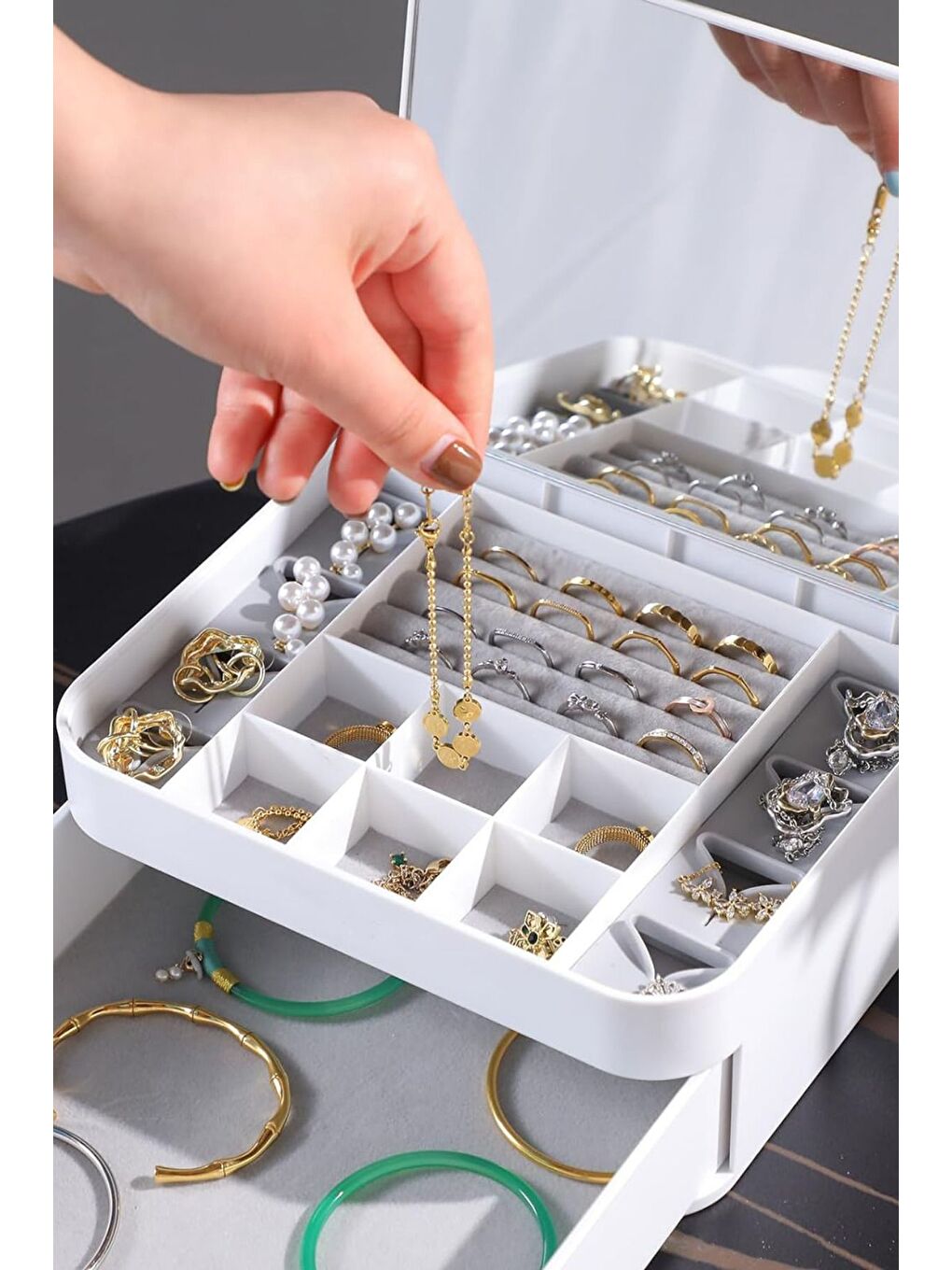 House By House Çekmeceli Aynalı Çok Bölmeli Makyaj Takı Organizer Krem UR-3438-5