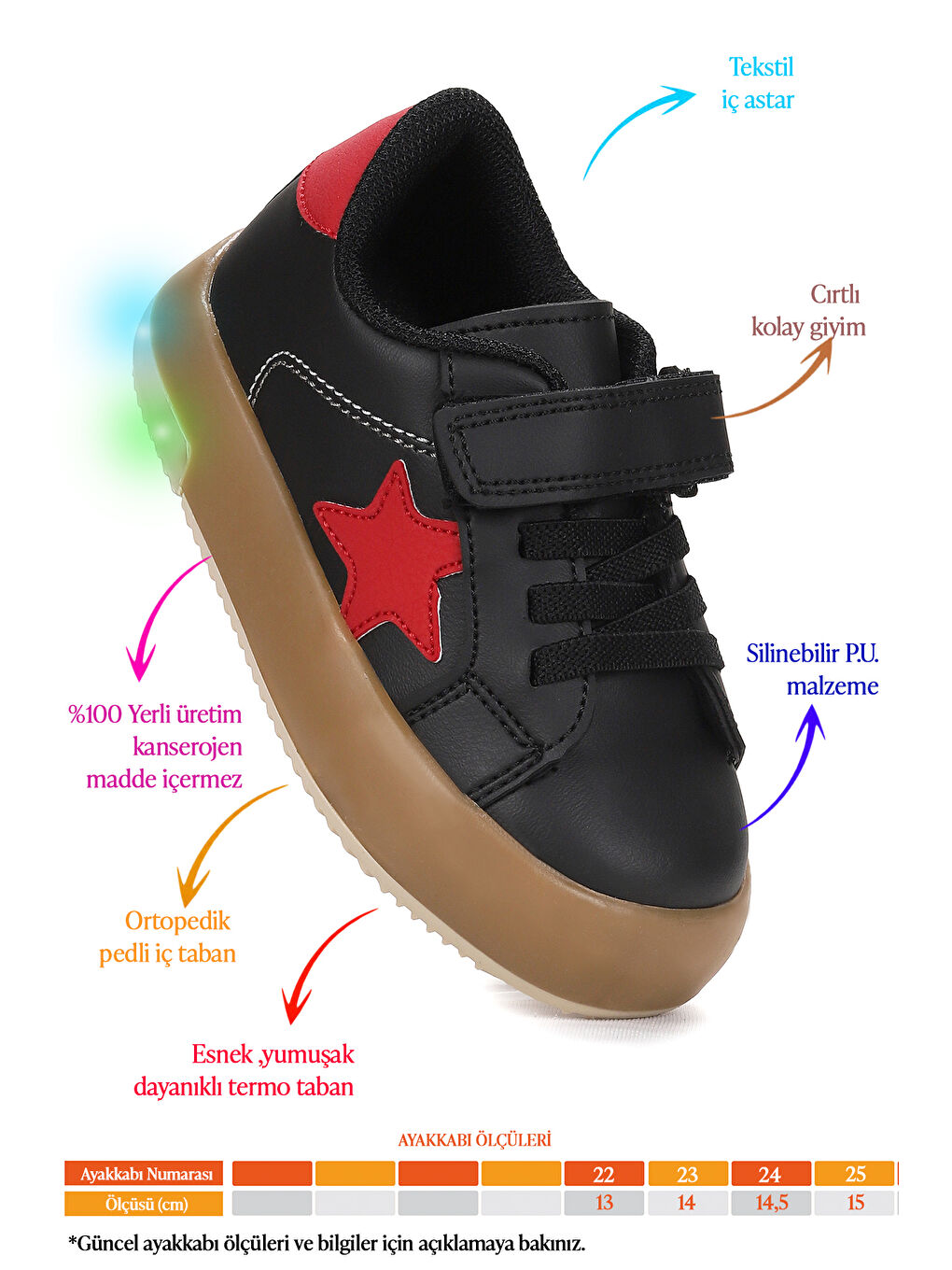 Siyah Rena Günlük Cırtlı Işıklı Erkek Bebek Spor Ayakkabı-1