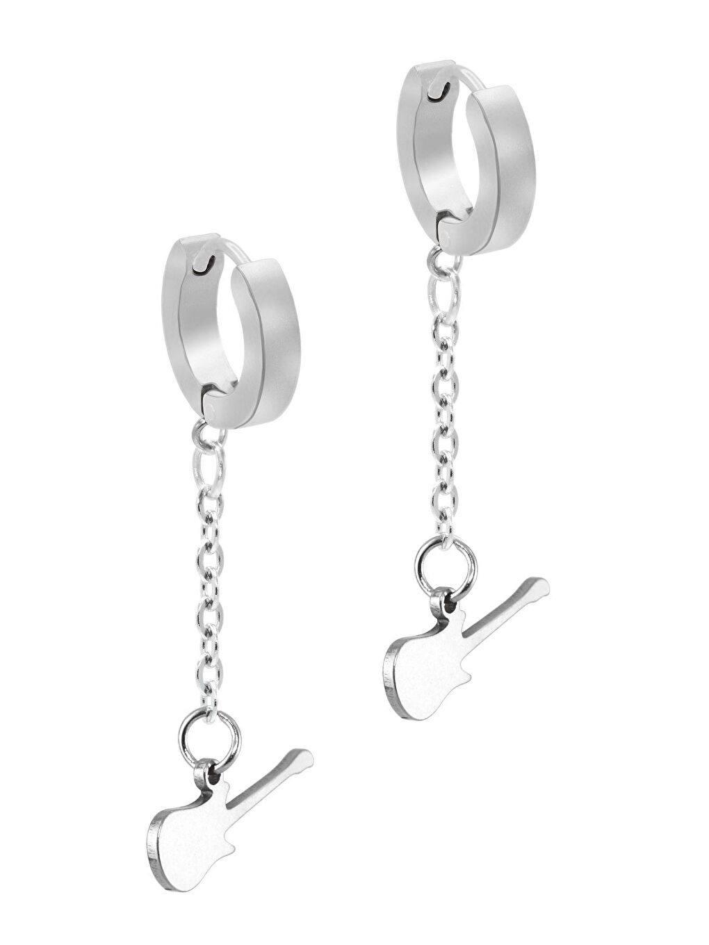 Gri Erkek Gümüş Renk Sallantılı Gitar Objeli Çelik Küpe-1