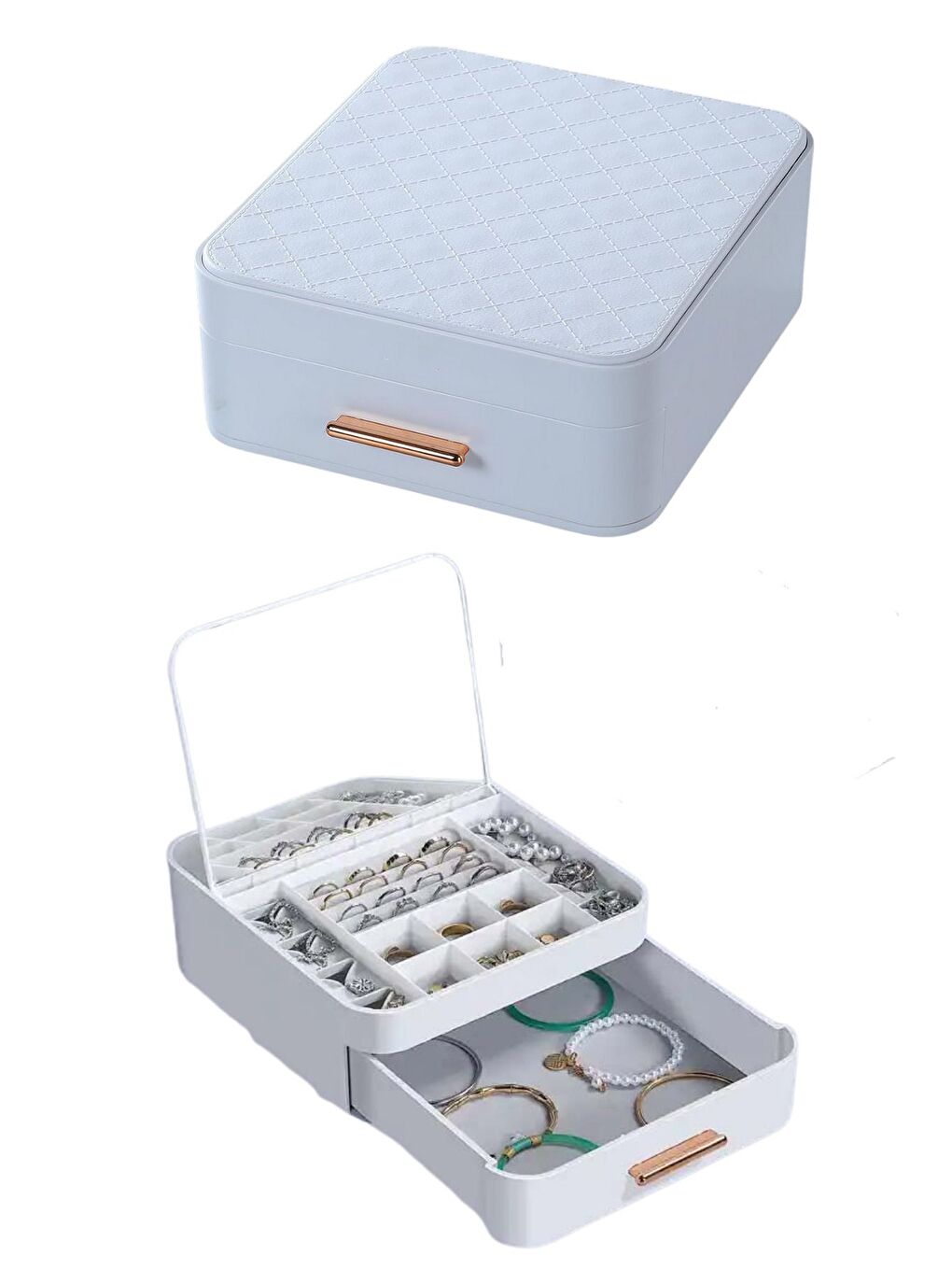 House By House Çekmeceli Aynalı Çok Bölmeli Makyaj Takı Organizer Krem UR-3438-6