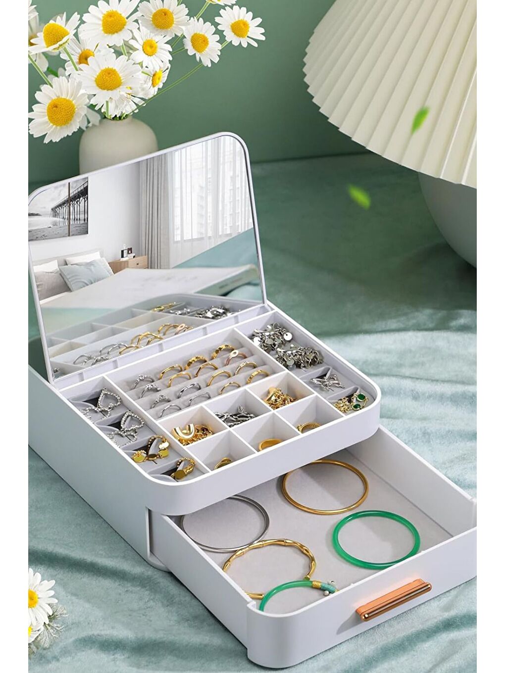 House By House Çekmeceli Aynalı Çok Bölmeli Makyaj Takı Organizer Krem UR-3438-7