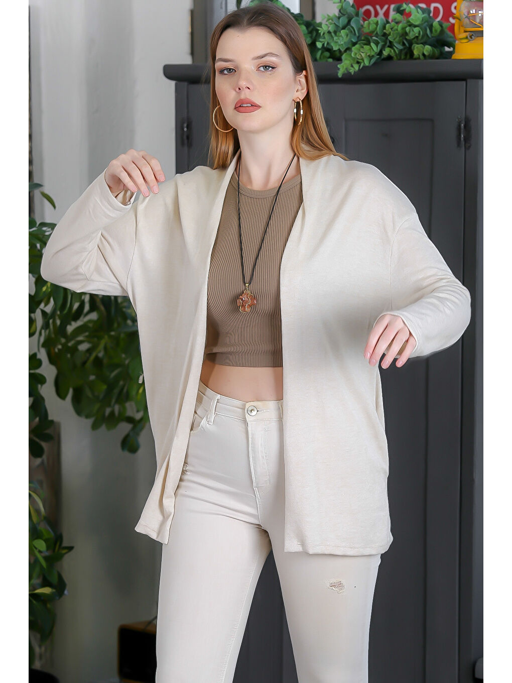 İtalyan Bej Kimono Yaka Uzun Kol Kapamasız Çift Cepli Casual Triko Hırka-1