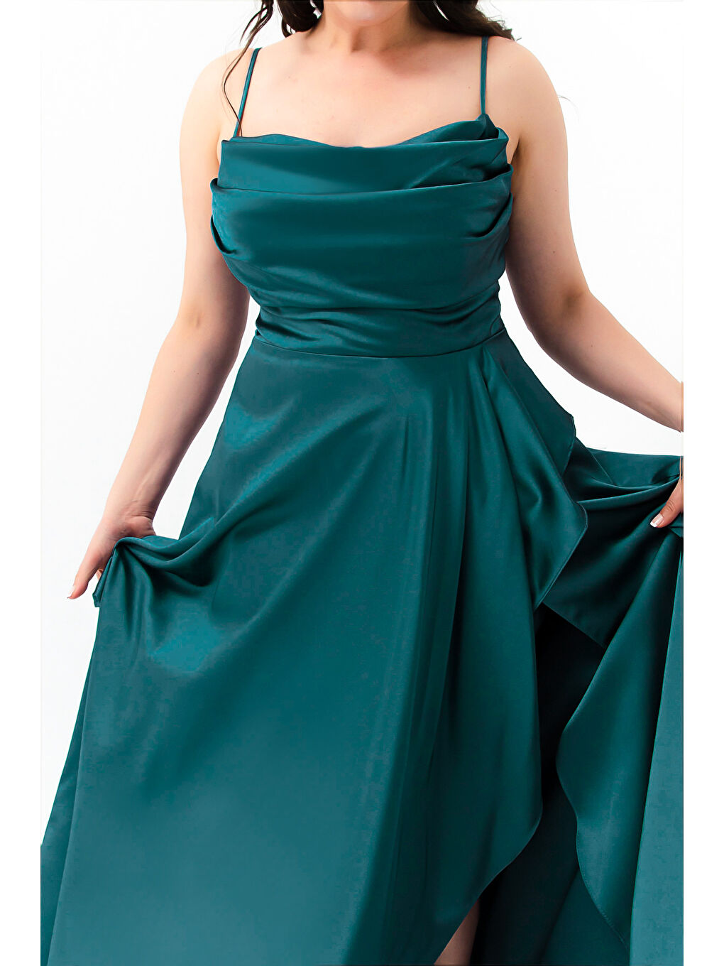 Kadın Petrol Volanlı Yırtmaçlı Büyük Beden Saten Abiye Mezuniyet Elbisesi-3