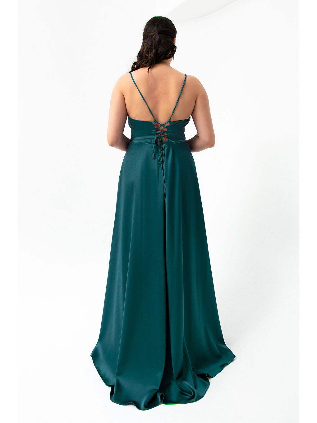 Kadın Petrol Volanlı Yırtmaçlı Büyük Beden Saten Abiye Mezuniyet Elbisesi-4