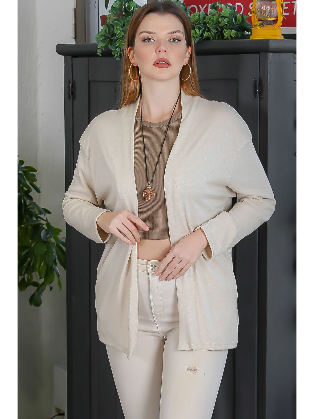 İtalyan Bej Kimono Yaka Uzun Kol Kapamasız Çift Cepli Casual Triko Hırka-2