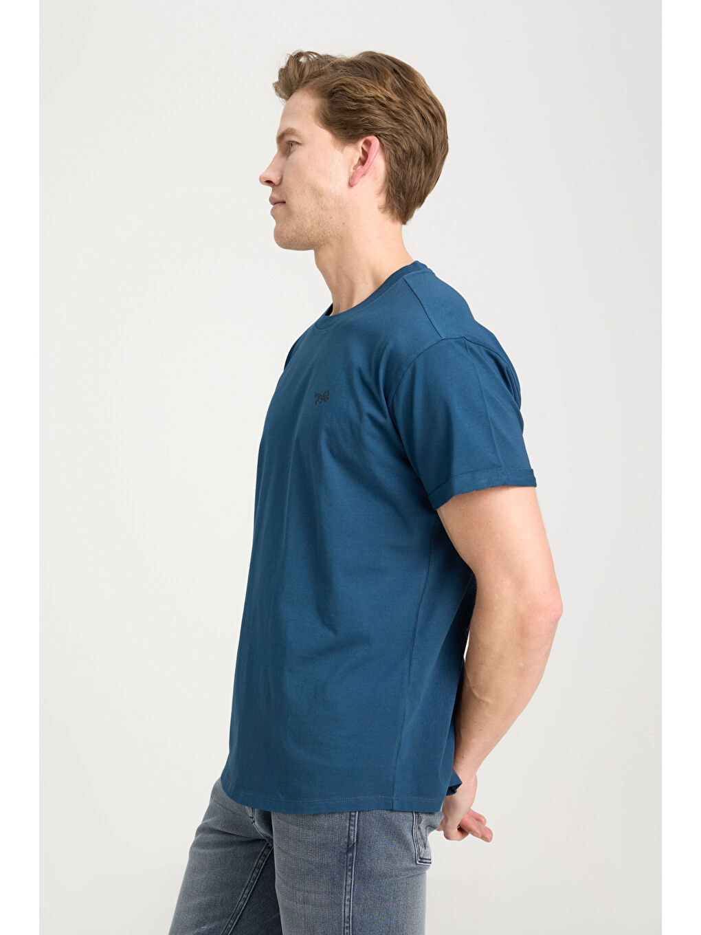 İndigo Loose Fit Rahat Kesim Bisiklet Yaka %100 Pamuk Lacivert Tişört-1