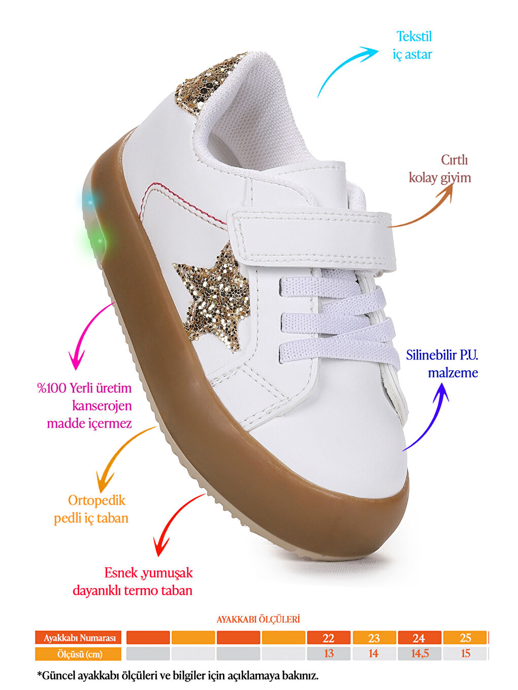 Beyaz Rena Günlük Cırtlı Işıklı Kız Bebek Spor Ayakkabı-1