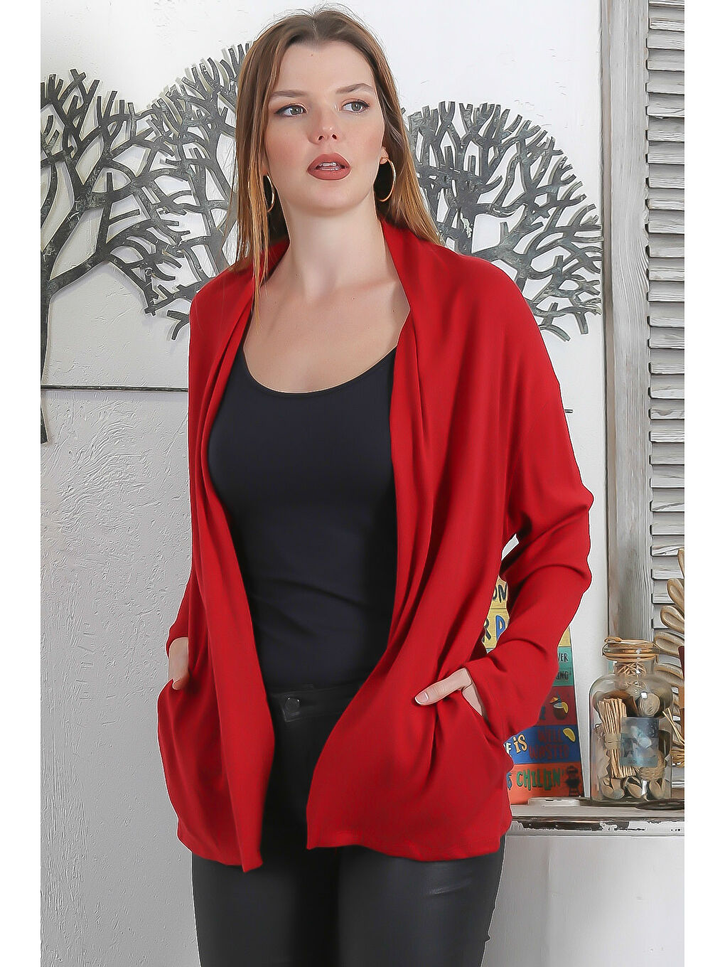 İtalyan Koyu Kırmızı Kimono Yaka Uzun Kol Kapamasız Çift Cepli Casual Triko Hırka