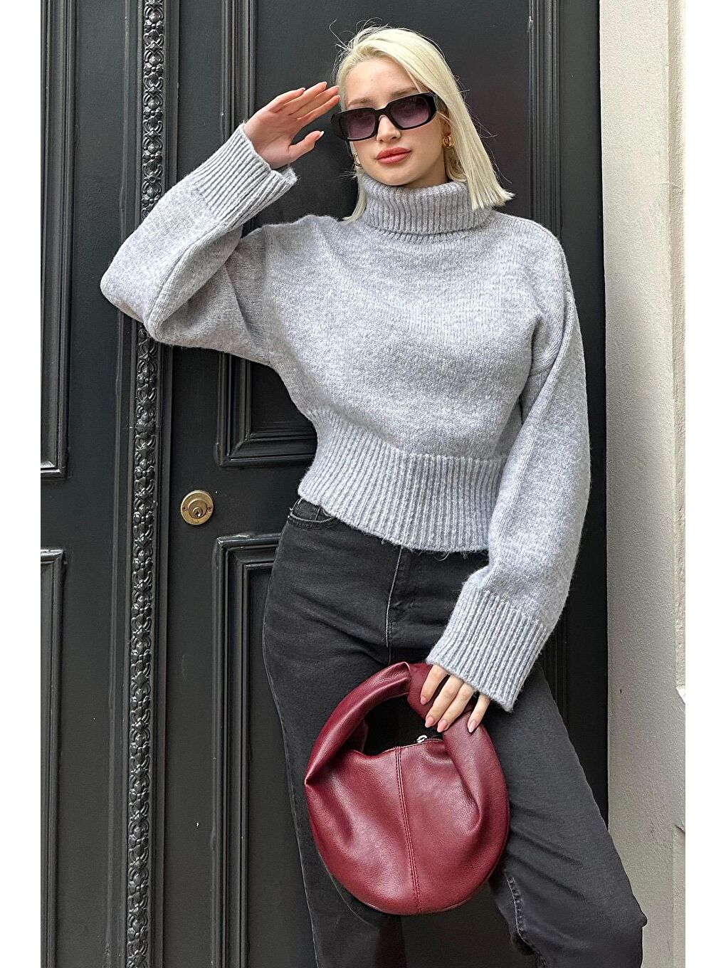 Gri Boğazlı Kadın Triko Kazak Mg2255-3