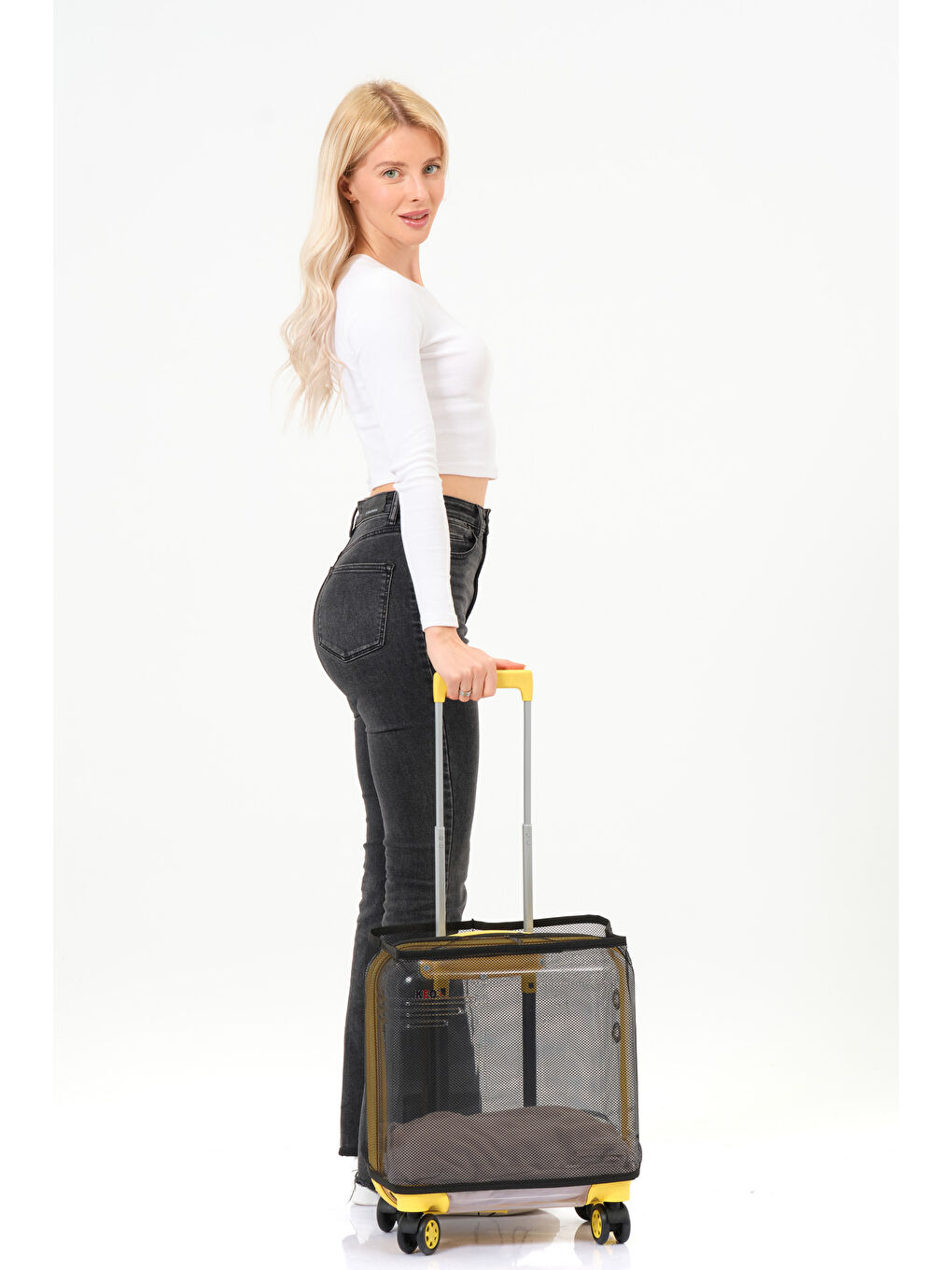 Şeffaf Evcil Hayvan Valizi Sarı Aksesuarlı – 360° Döner Tekerlekli-1