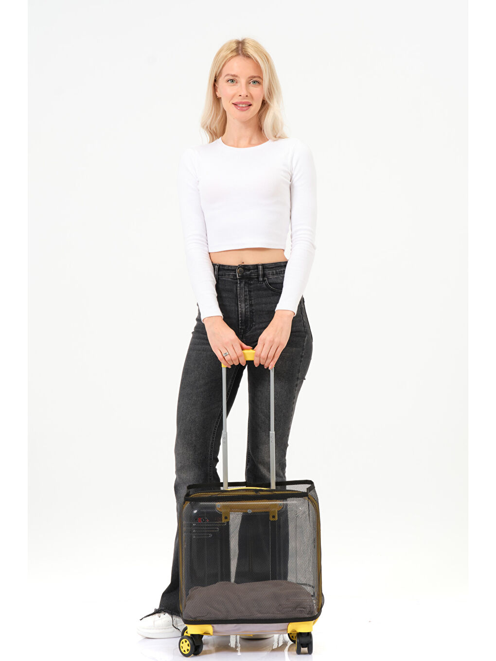 Şeffaf Evcil Hayvan Valizi Sarı Aksesuarlı – 360° Döner Tekerlekli-2