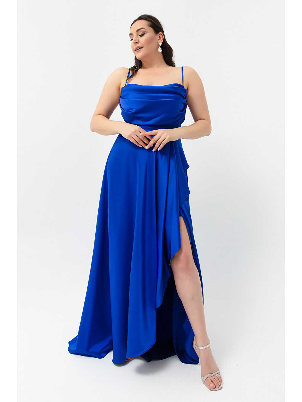 Mavi Kadın Saks Volanlı Yırtmaçlı Büyük Beden Saten Abiye Mezuniyet Elbisesi-2