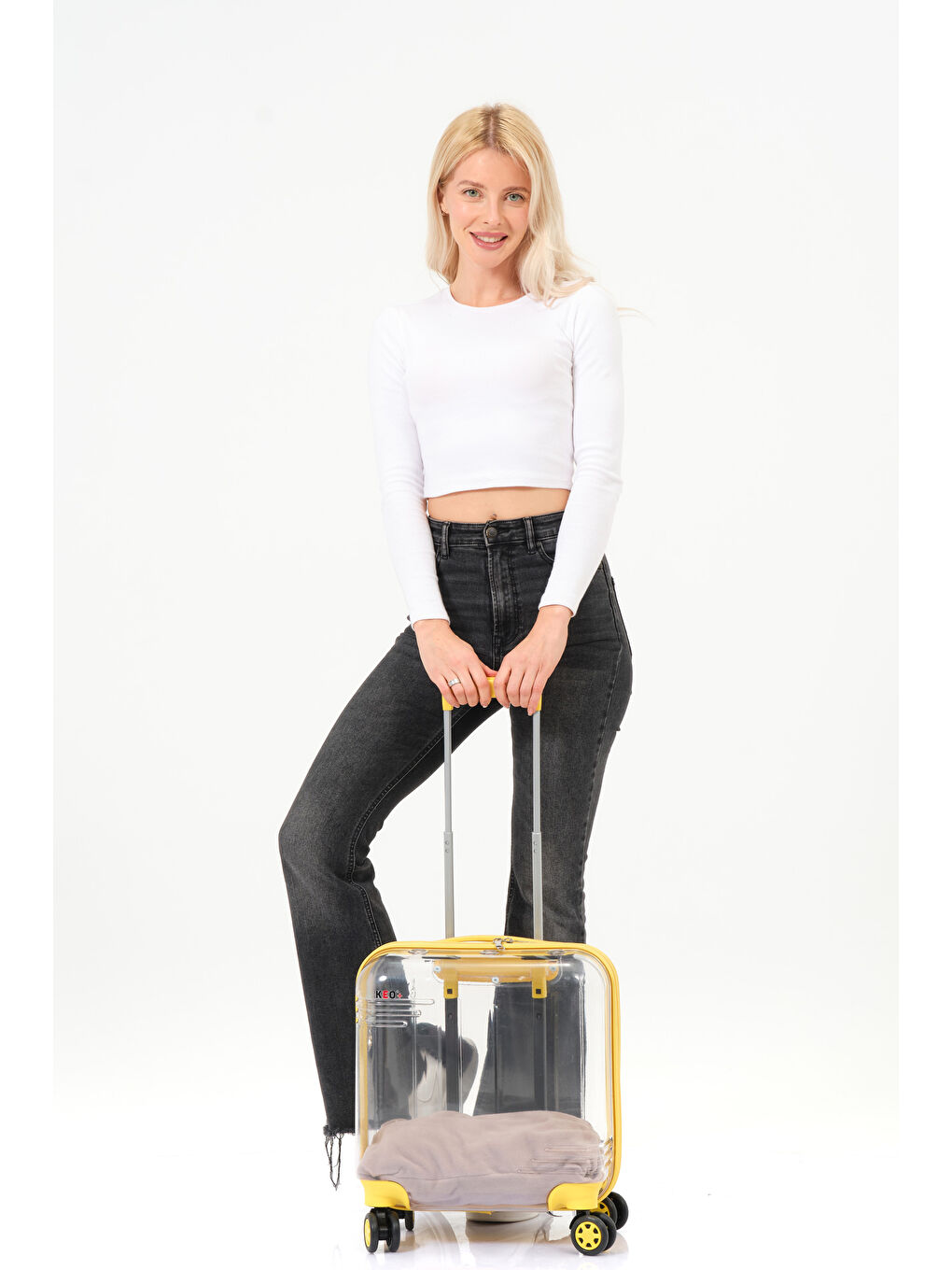 Şeffaf Evcil Hayvan Valizi Sarı Aksesuarlı – 360° Döner Tekerlekli-4