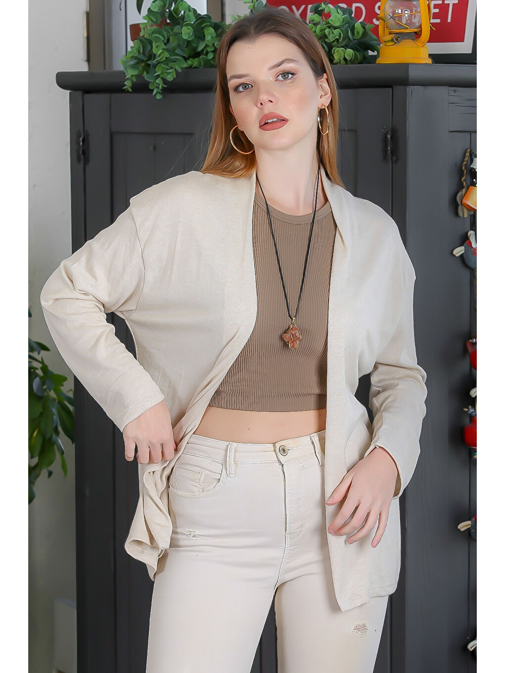 İtalyan Bej Kimono Yaka Uzun Kol Kapamasız Çift Cepli Casual Triko Hırka-5