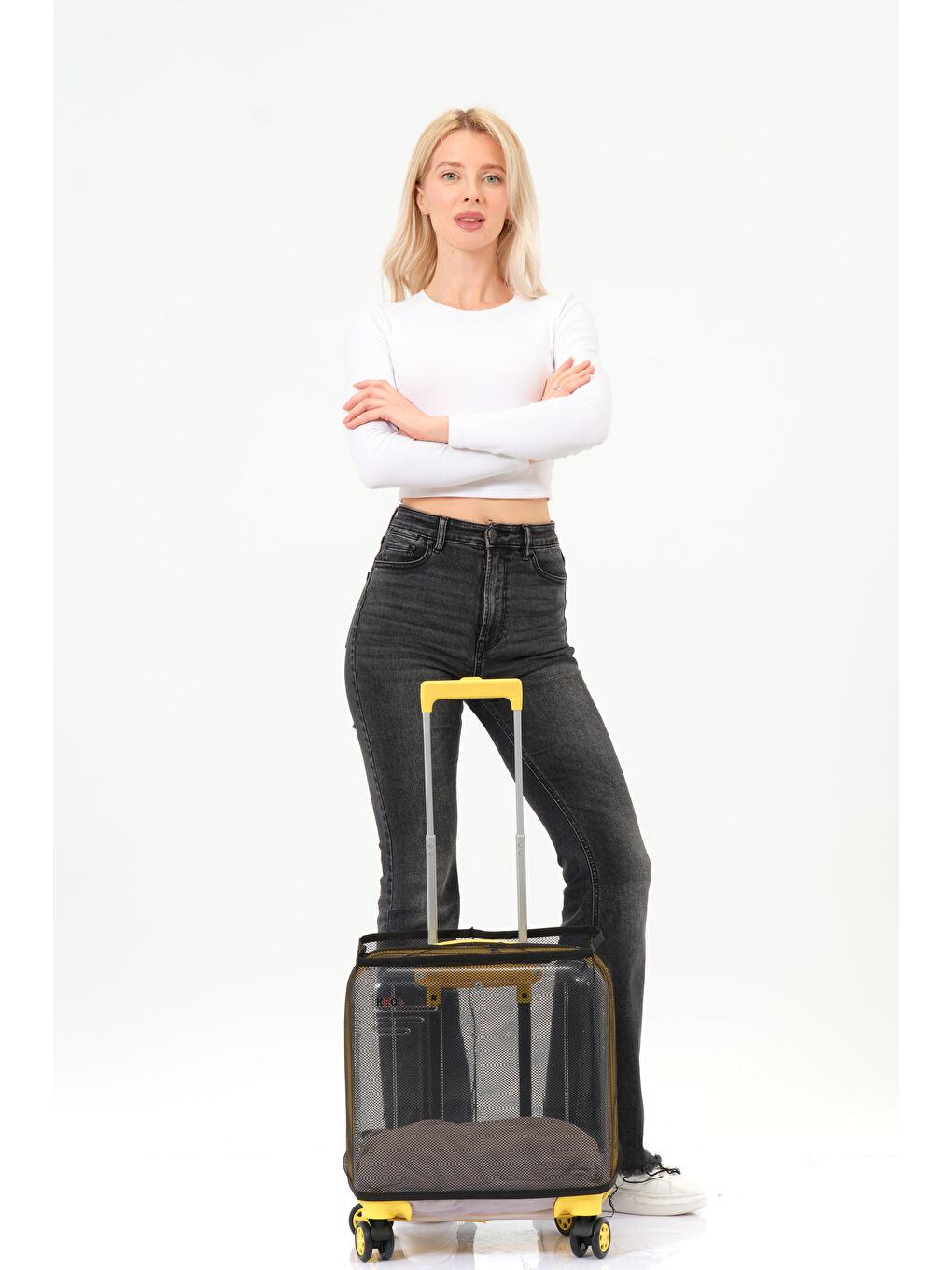 Şeffaf Evcil Hayvan Valizi Sarı Aksesuarlı – 360° Döner Tekerlekli-5