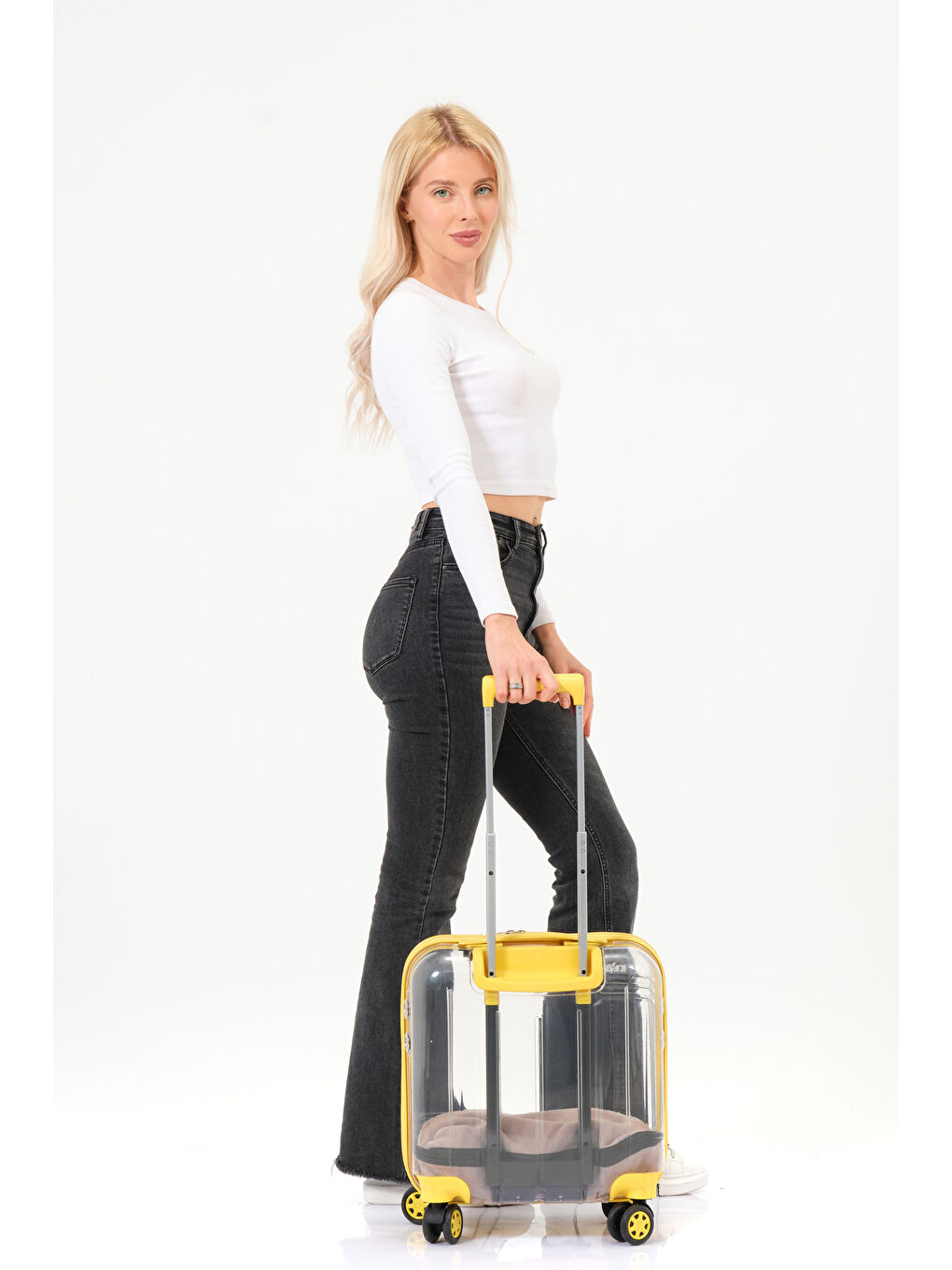 Şeffaf Evcil Hayvan Valizi Sarı Aksesuarlı – 360° Döner Tekerlekli-7