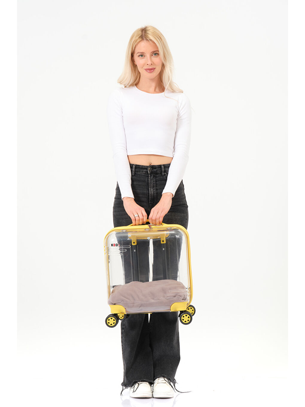 Şeffaf Evcil Hayvan Valizi Sarı Aksesuarlı – 360° Döner Tekerlekli-8