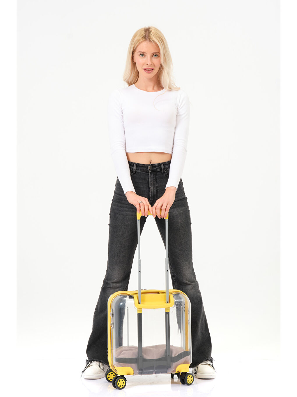 Şeffaf Evcil Hayvan Valizi Sarı Aksesuarlı – 360° Döner Tekerlekli-9