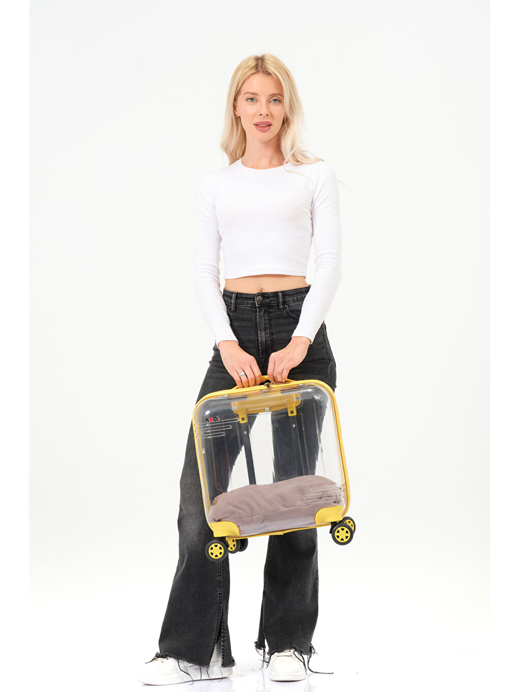 Şeffaf Evcil Hayvan Valizi Sarı Aksesuarlı – 360° Döner Tekerlekli-10