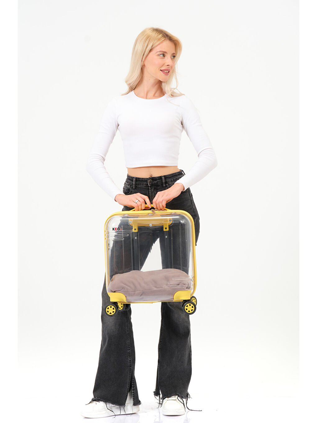 Şeffaf Evcil Hayvan Valizi Sarı Aksesuarlı – 360° Döner Tekerlekli-11