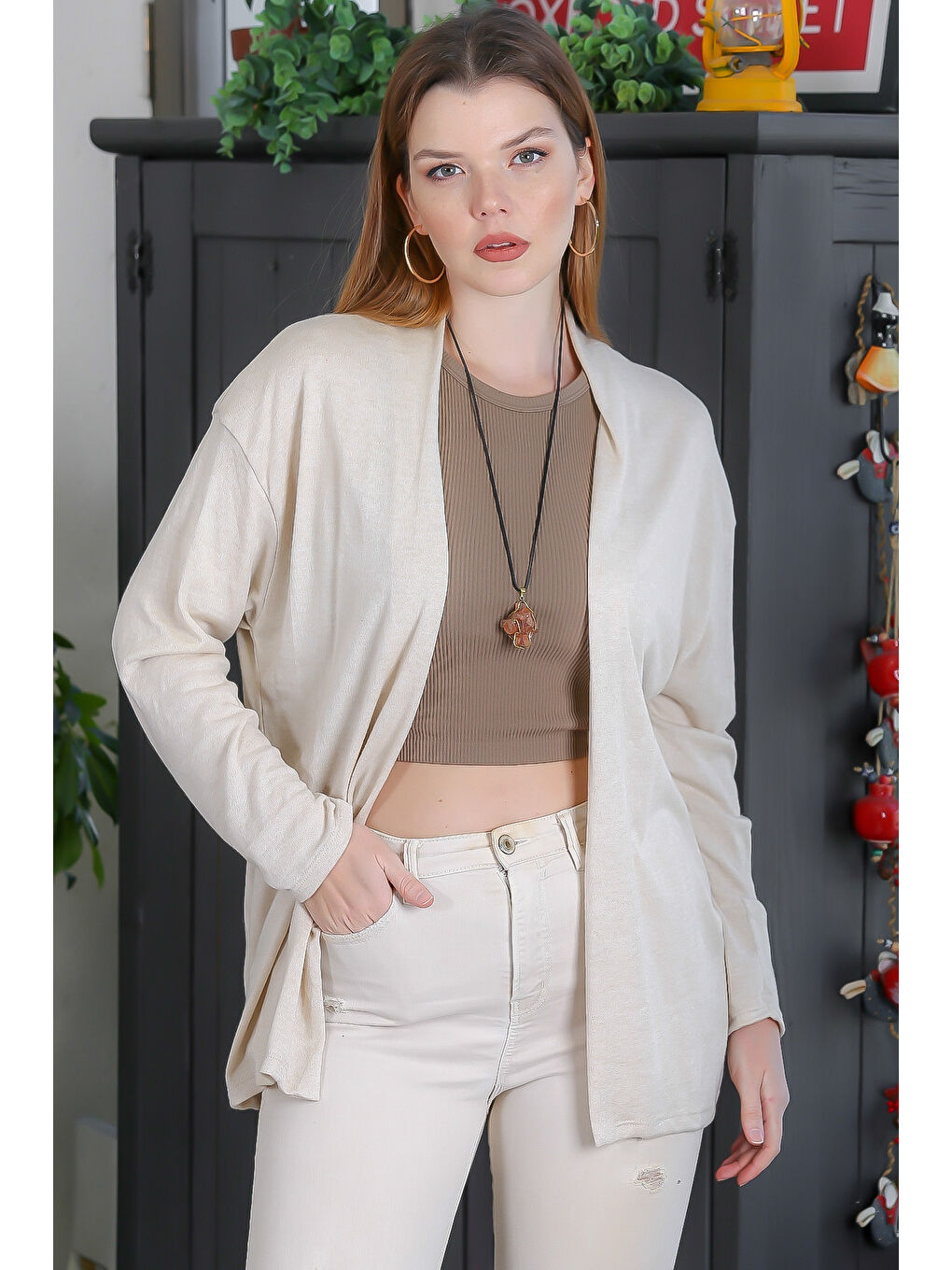 İtalyan Bej Kimono Yaka Uzun Kol Kapamasız Çift Cepli Casual Triko Hırka-6