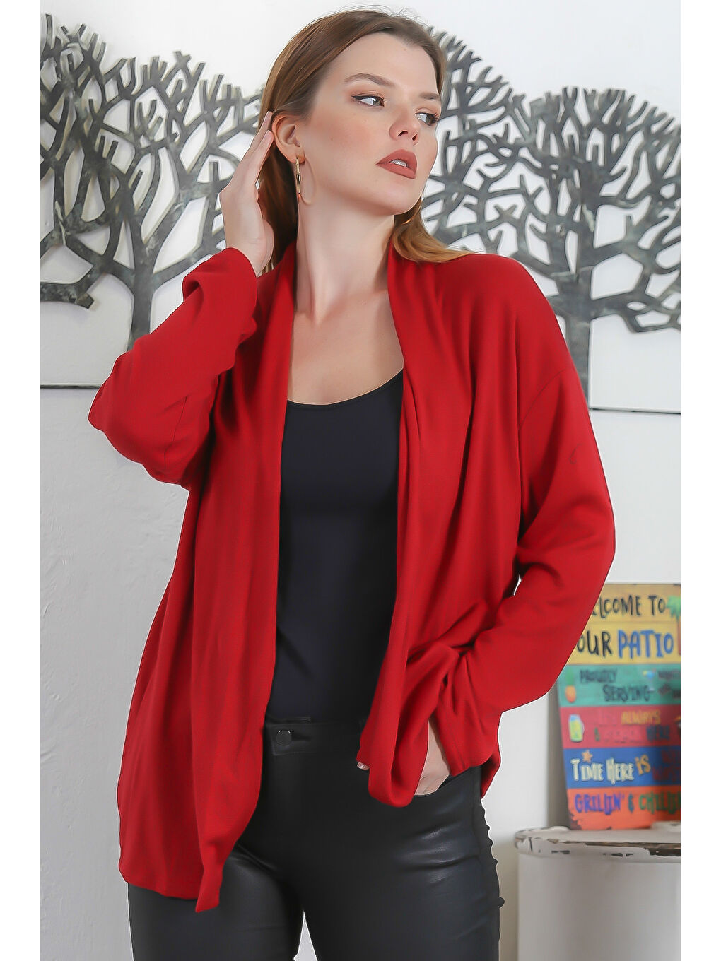 İtalyan Koyu Kırmızı Kimono Yaka Uzun Kol Kapamasız Çift Cepli Casual Triko Hırka-2