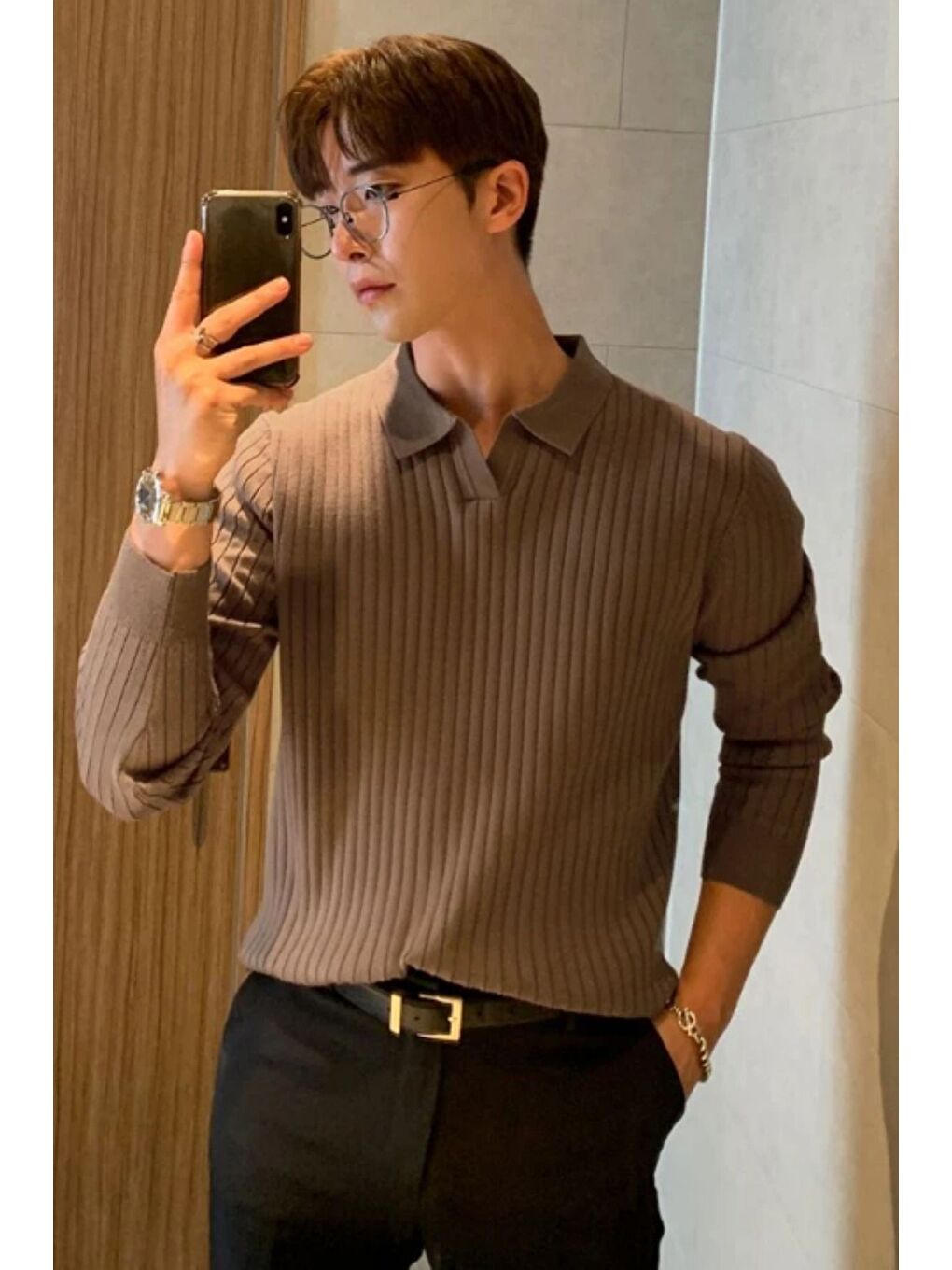 Kahverengi Kahve Erkek Polo Yaka Fitilli Triko Kazak-1