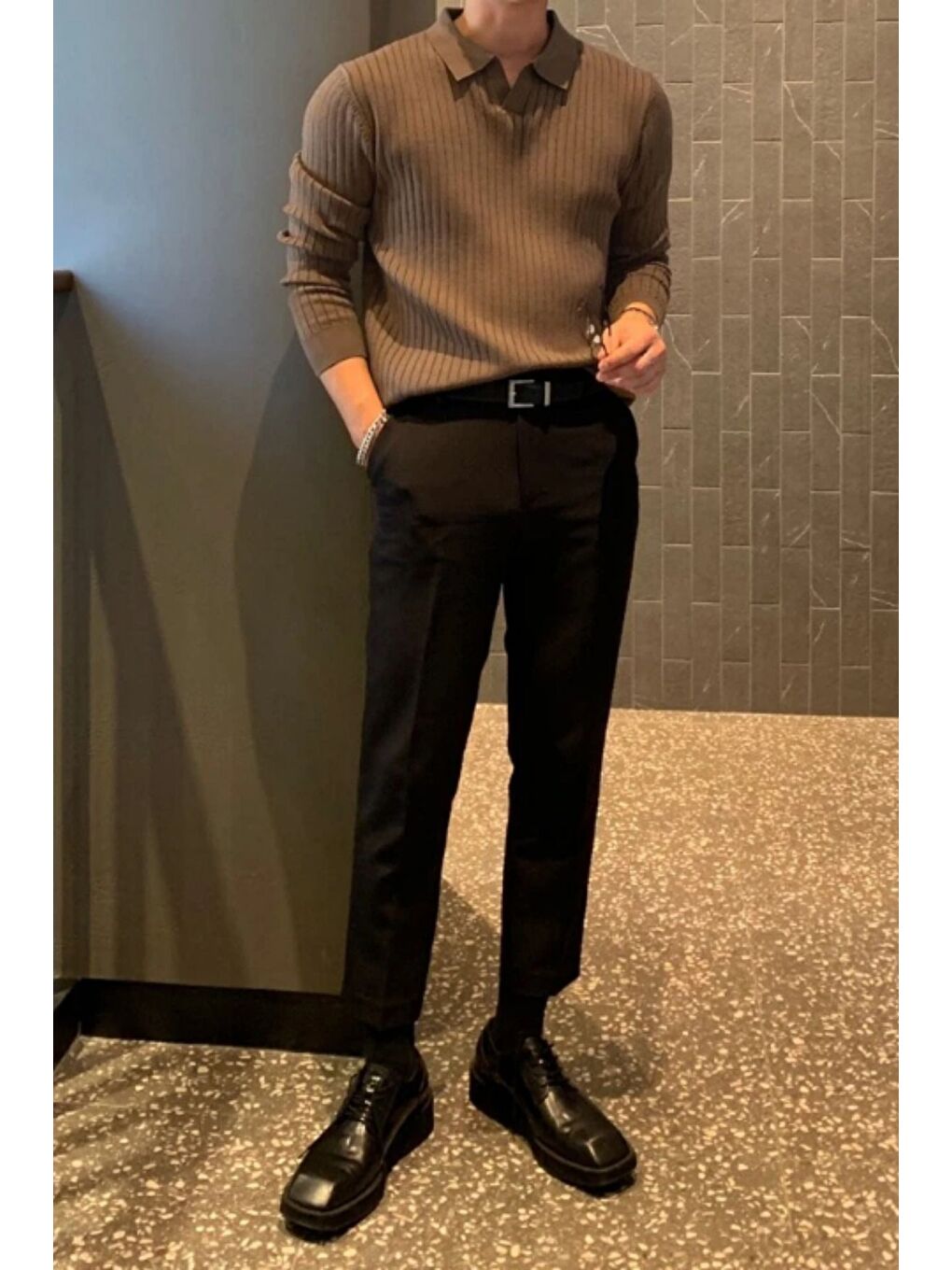 Kahverengi Kahve Erkek Polo Yaka Fitilli Triko Kazak-2